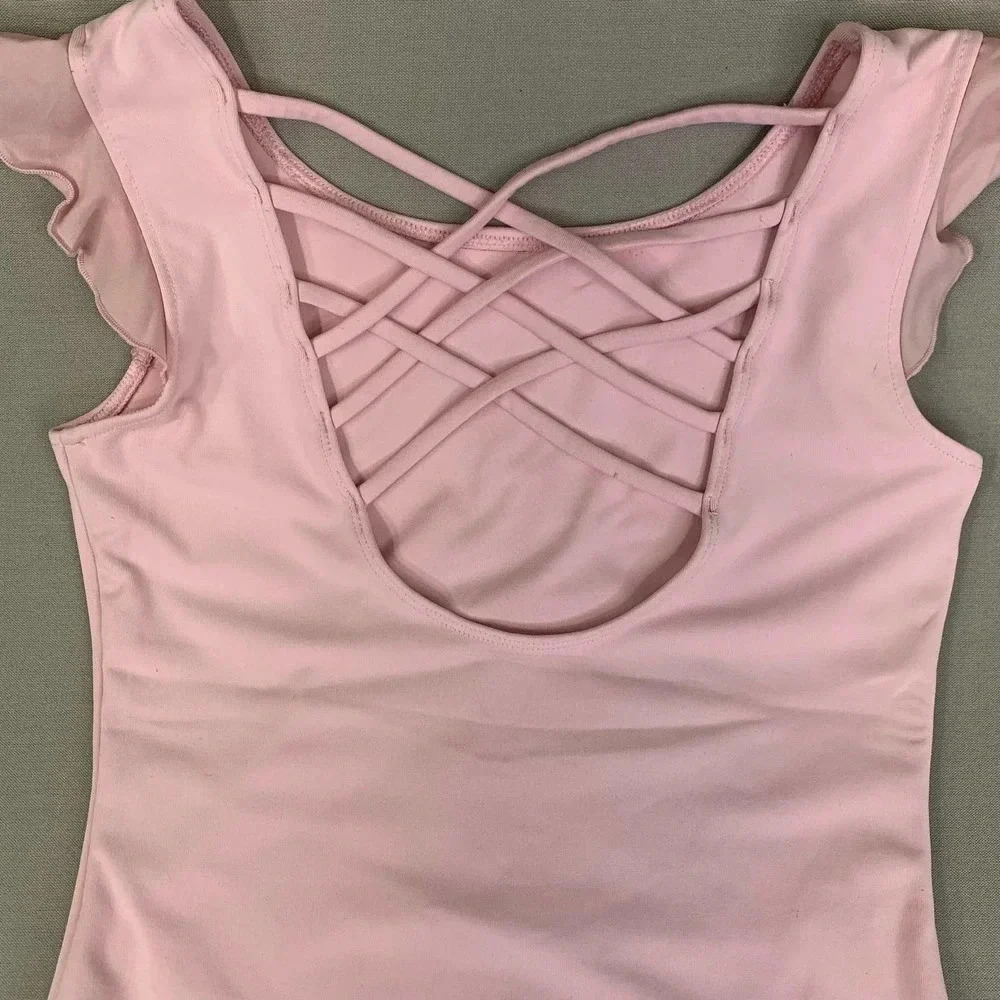 JUSTICE Active Girl's One Piece Flutter Cap Sleeves Swimsuit Baby Pink Size 14 - Picture 4 of 12